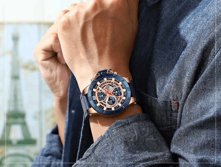 Men's Waterproof Casual Chronograph Watch with Leather Strap