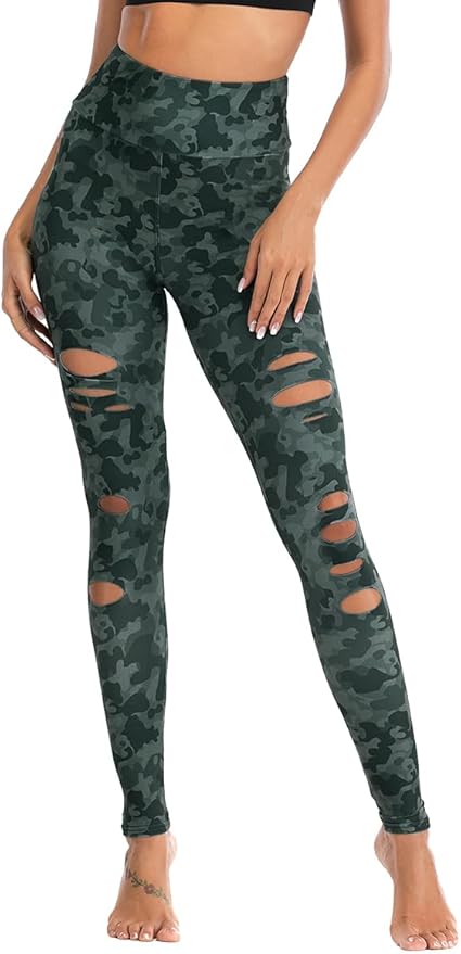 DIBAOLONG Womens High Waist Yoga Pants Cutout Ripped Tummy Control Workout Running Yoga Skinny Leggings