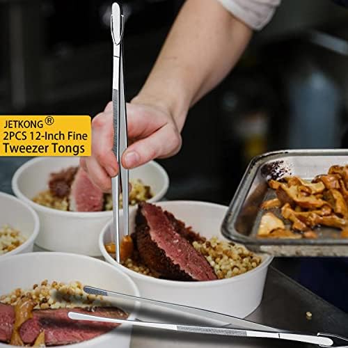 JETKONG 2 Pcs 12-Inch Kitchen Tweezers Fine Tweezer Tongs, Extra-Long Stainless