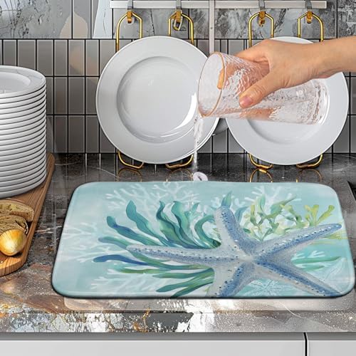 Summer Coastal Dish Drying Mat for Kitchen Counter Nautical Beach Starfish