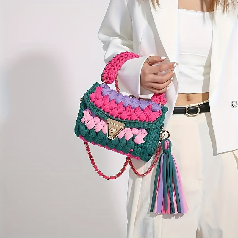 Boho Crochet Tassel Crossbody Chic Mini Color block Bag