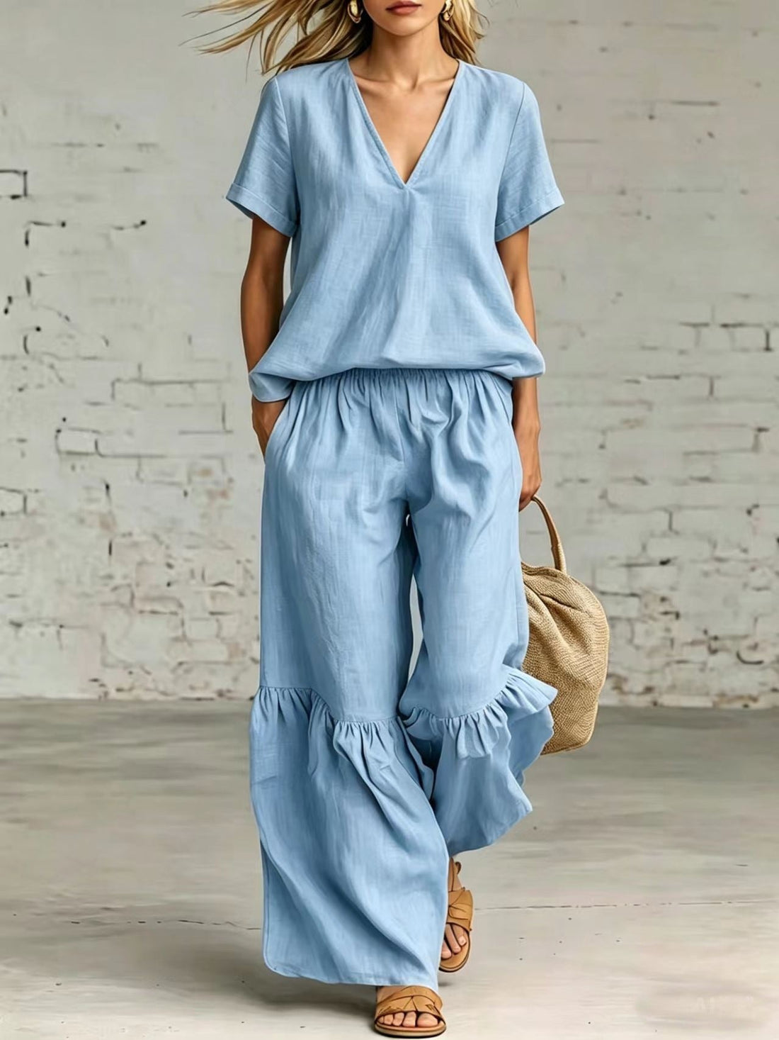V-Neck Short Sleeve Top and Ruffled Hem Pants Set - Image 10