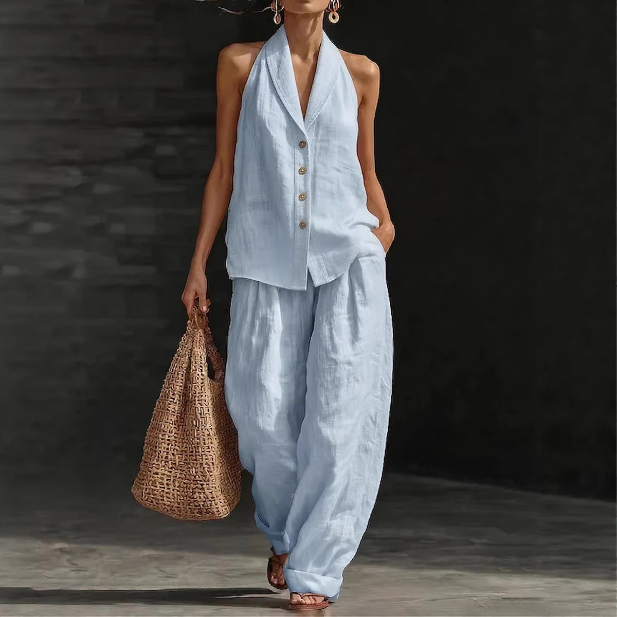 Women's Sleeveless V-Neck Vest and Wide-Leg Cotton Linen Pants Set - Image 3