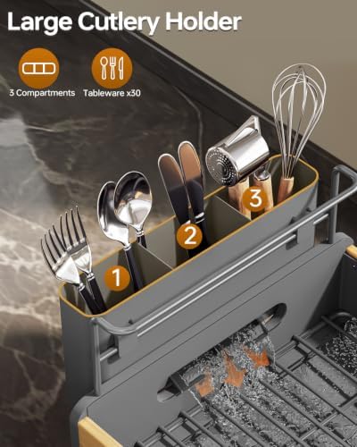Urackify Modern Dish Rack for Kitchen Counter, Stainless Steel & Bamboo