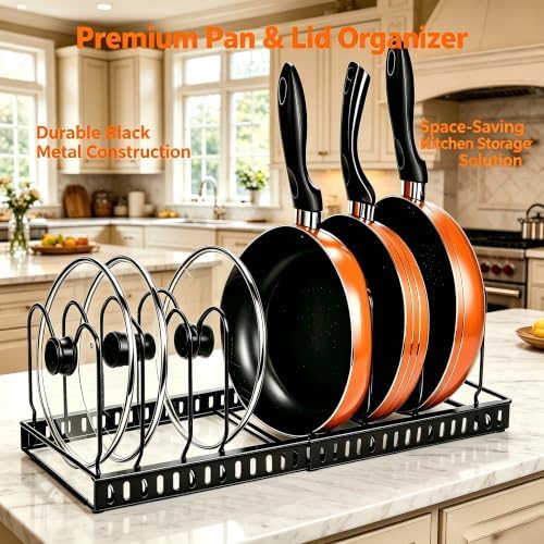 Metal Pot and Pan Organizer, 2-Section Heavy-Duty Expandable Rack, 7 Adjustable