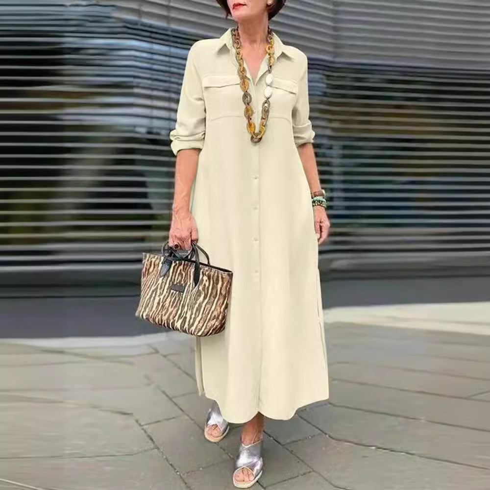 Long Sleeve Button Lapel Dress in Minimalist Solid Colors