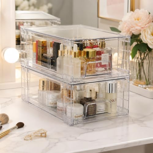 2 Pack Stackable Storage Drawers, Plastic Organizers Bins, Drawers Storage