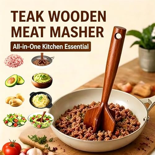 Teak Wooden Meat Masher Chopper, Wooden Ground Beef Masher, Hamburger Meat