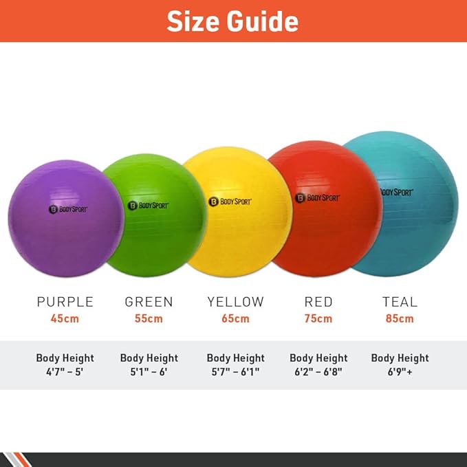 Body Sport Exercise Ball with Pump for Home, Gym, Balance, Stability, Pilates, Core Strength, Stretching, Yoga, Fitness Facilities, Desk Chairs