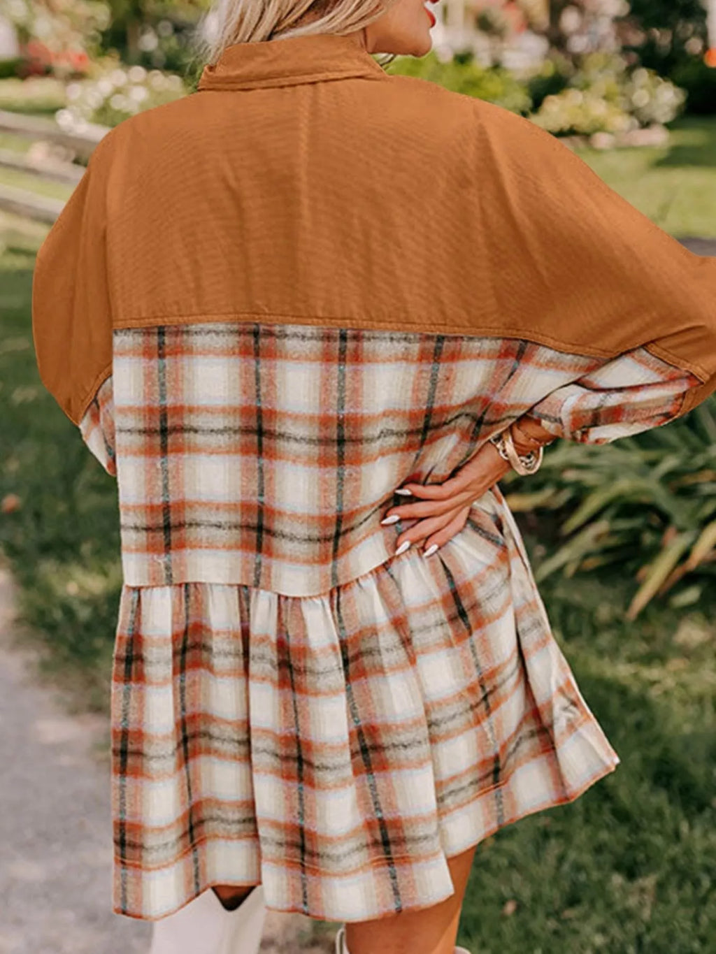 Plaid Button Front Mini Dress with Solid Panel Detail - Image 2