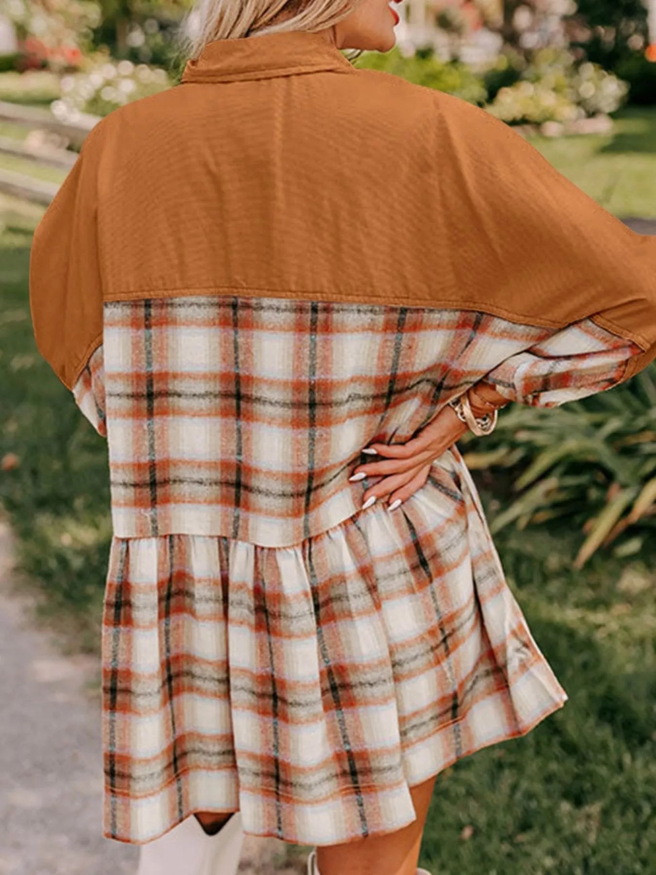 Plaid Button Front Mini Dress with Solid Panel Detail - Image 2
