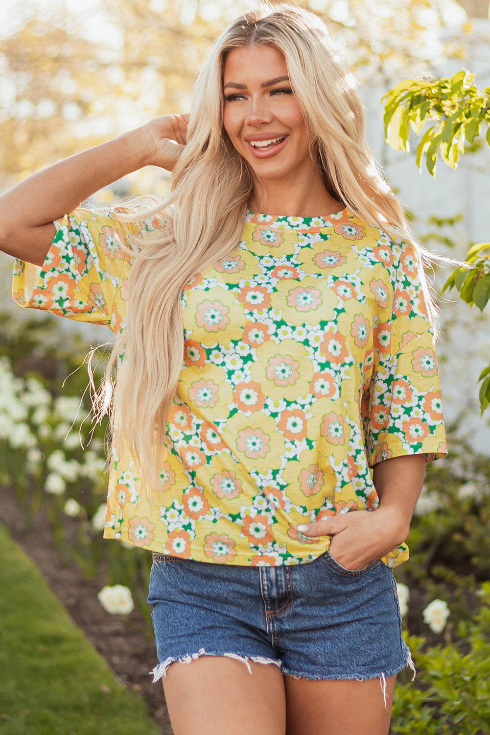 Flower Drop Shoulder Loose Summer T-Shirt in Yellow