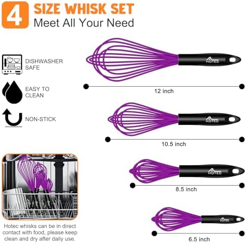 HOTEC 4 Pieces Silicone Whisks Set, Wire Balloon Whisks