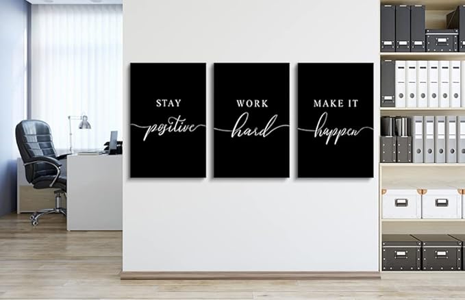 Work Hard Painting,Framed Canvas Wall Art Positive Quote, Office Wall Art, Black Large Poster, Positive Motivational Set of 3 Prints, Inspirational Print (E-3pcs,24x36inchx3pcs)
