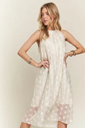Elegant midi dress with Grecian neckline and pearl applique detailing