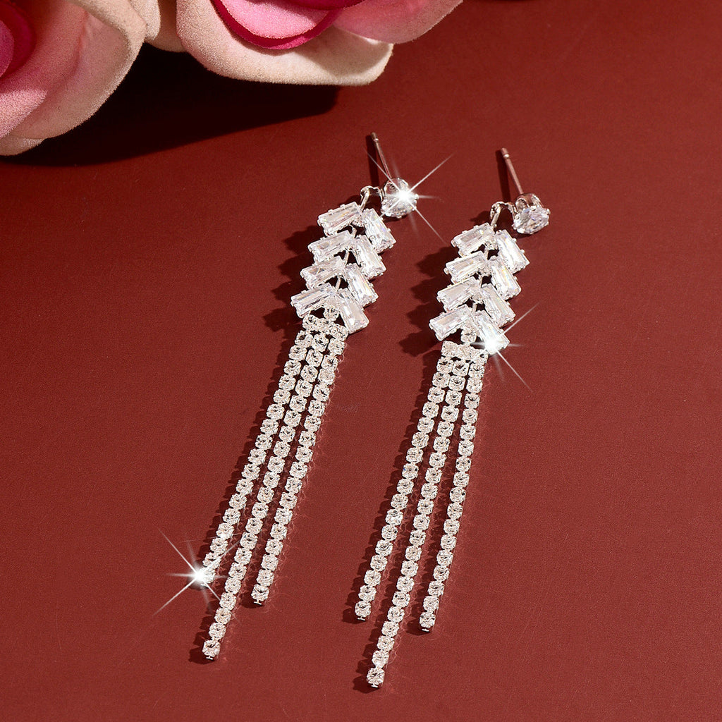 Shiny Rhinestone Tassel Wheat Shape Long Drop Earrings, Geometric Dangle Earrings Elegant Bridal Jewelry For Wedding Banquet Party