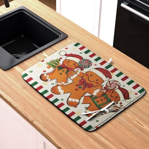 Christmas Dish Drying Mat Gingerbread Man Candy Cane Xmas Tree Drying Mats