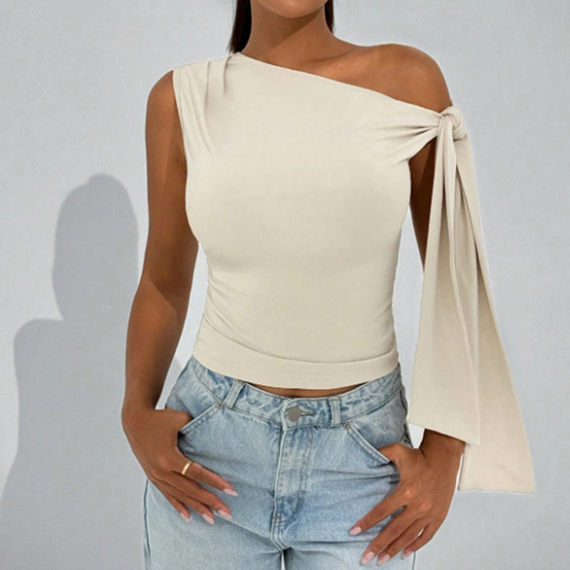 White One-Shoulder Asymmetrical Tie-Shoulder Going Out Party Top