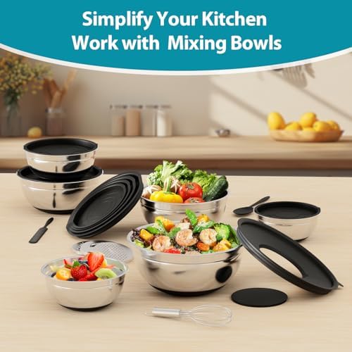 ENVTEK Mixing Bowls Set with Airtight Lids, Non-Slip Silicone Bottoms
