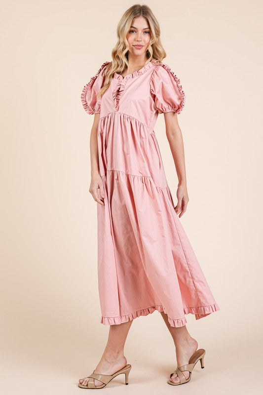 Ruffle Trim Puff Sleeve Tiered Babydoll Midi Dress