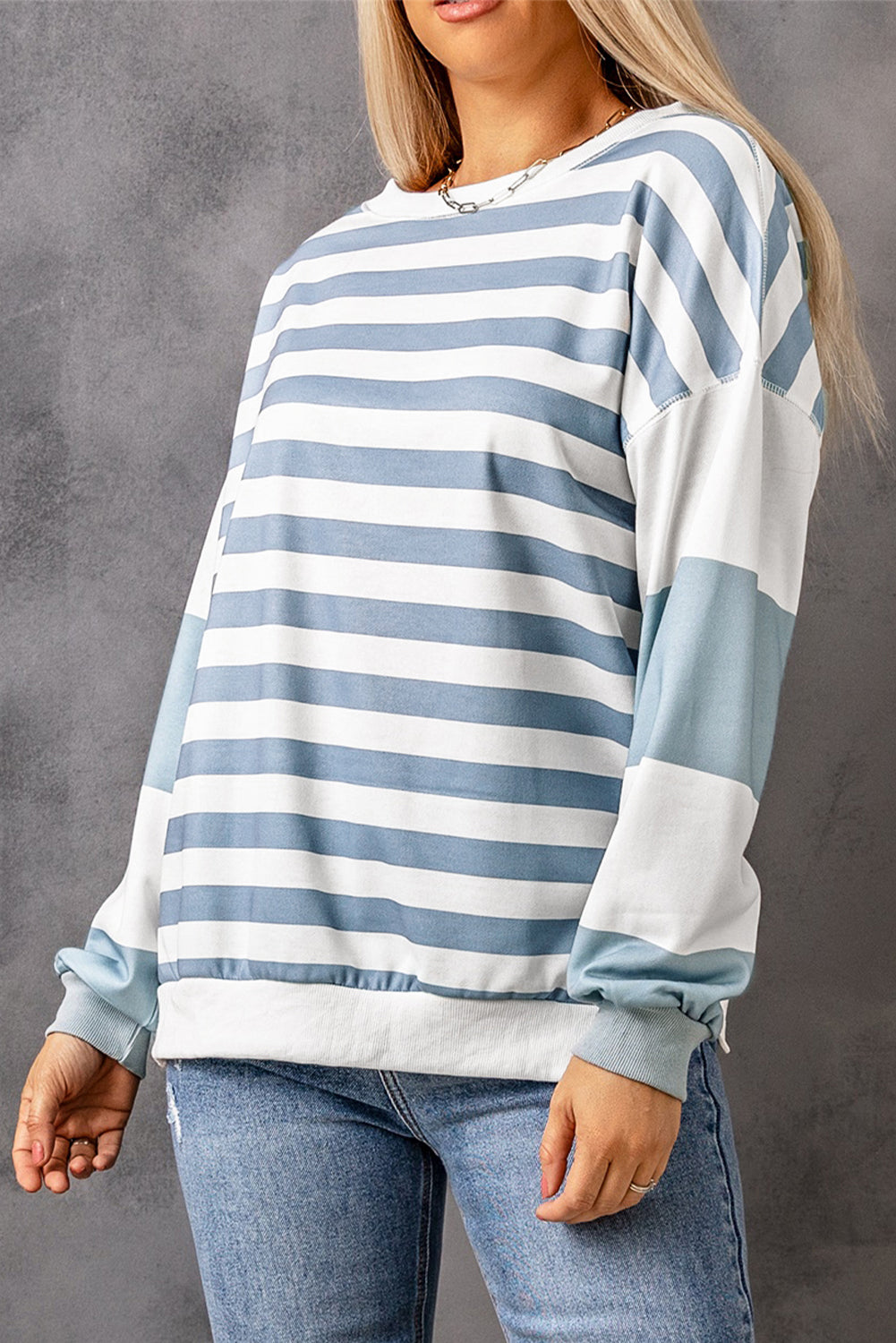 Women's Striped Crew Neck Sweatshirt with Colorblock Sleeves - Image 3