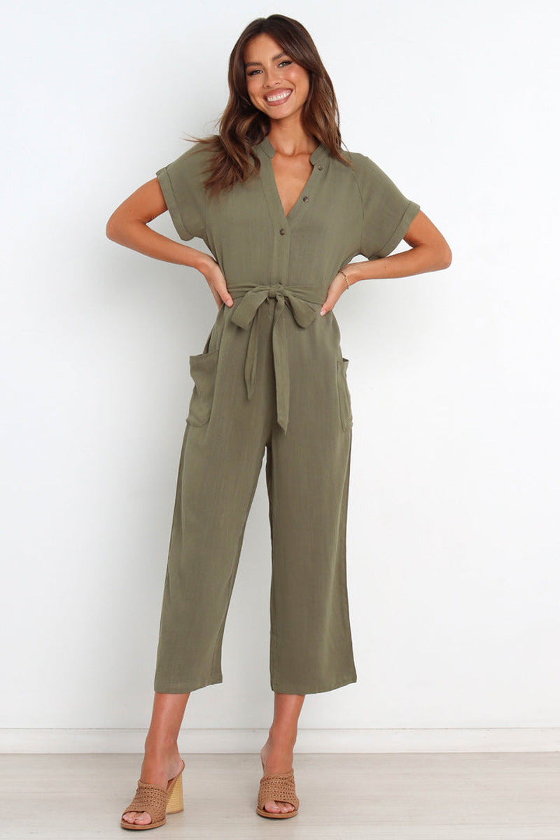 Women's V-Neck Button Front Cropped Wide-Leg Jumpsuit