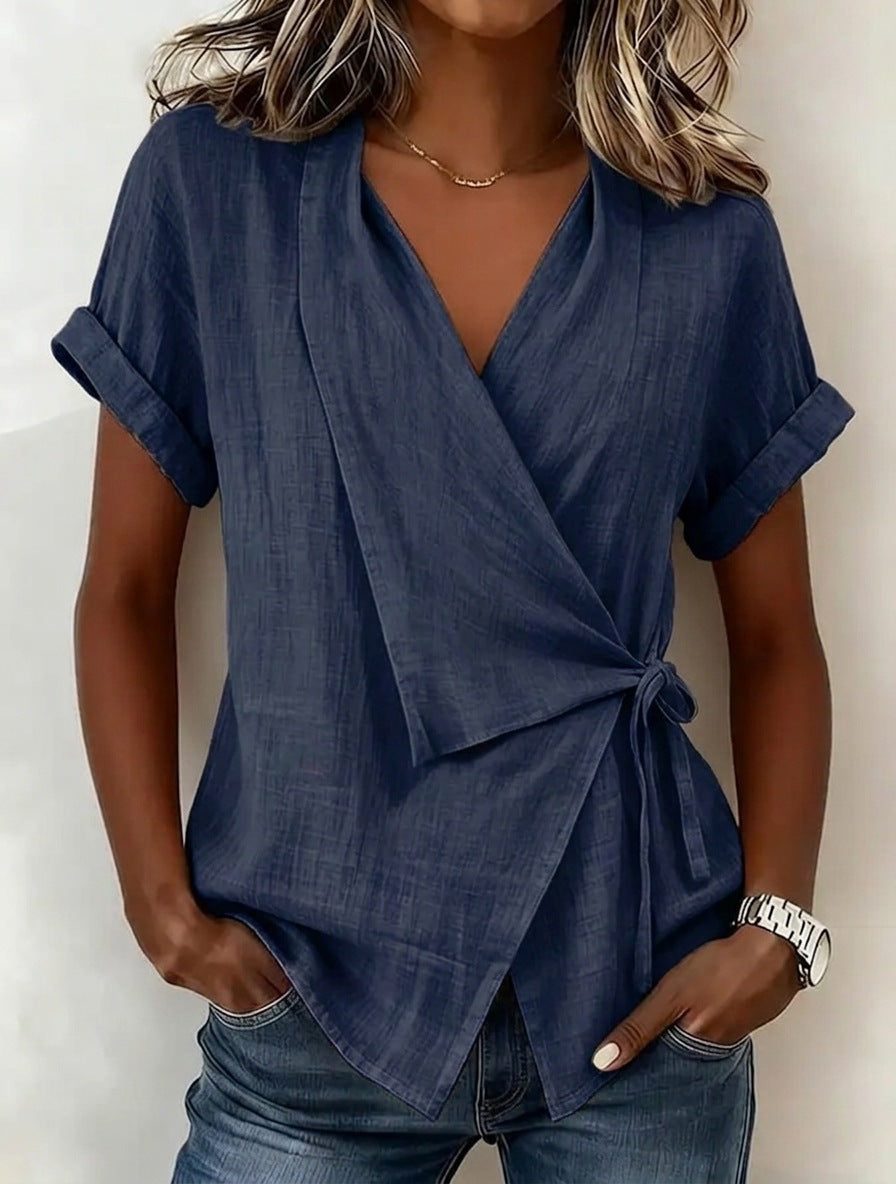 Women's Casual Lapel Collar Lace-Up Linen Blend Short-Sleeve Top - Image 9