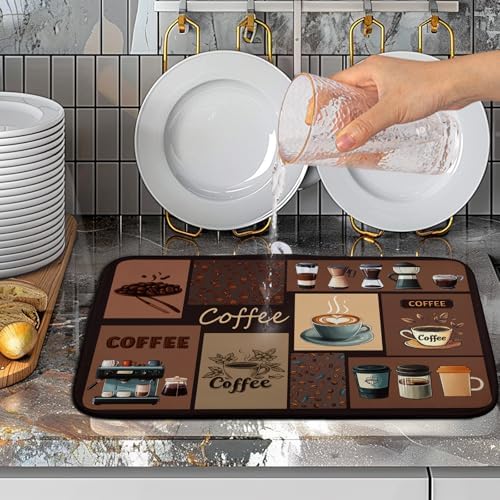 Coffee Theme Dish Drying Mats for Kitchen Counter Absorbent Microfiber Dish