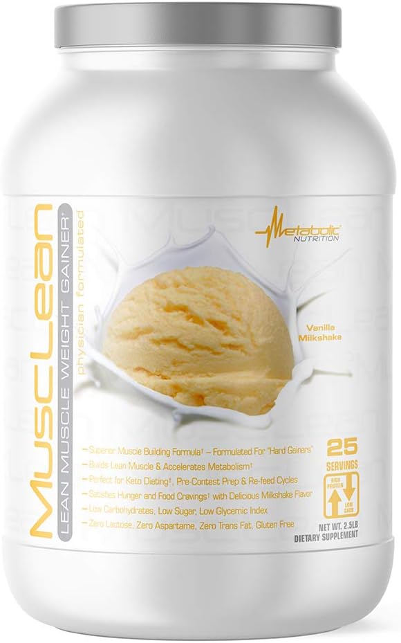 Metabolic Nutrition - Musclean - Milkshake Weight Gainer, Whey High Protein Meal Replacement, Maintenance Nutrition, Low Carb, Keto Diet, Digestive Enzymes, Vanilla, 2.5 Pound (25 ser)