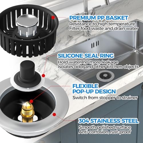 zaa 3 in 1 Kitchen Sink Drain Strainer Stopper Removable Basket Pop-Up