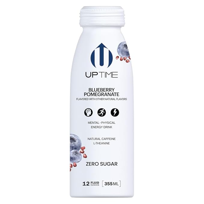 UPTIME Energy Drink, Blueberry Pomegranate, 12 Pack, Vitamin C, L Theanine, Calcium, Sugar Free Energy Drinks for Focus Support, 142mg of Natural Caffeine, 0 Calories, Clean, Natural, 12 fl oz Cans