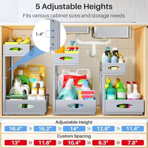Under Sink Organizer, 2 Pack 2 Tier Pull Out Under Cabinet Organizer Shelf