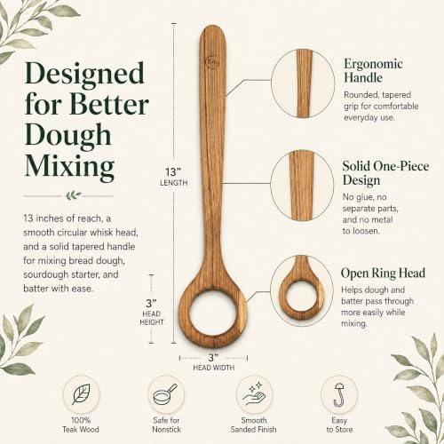FAAY 13" Dough Whisk, 100% Healthy Teak Kitchen Utensils