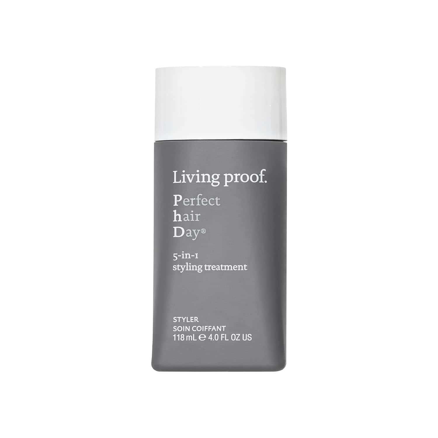Living Proof Perfect Hair Day 5-in-1 styling treatment bottle in grey and white packaging