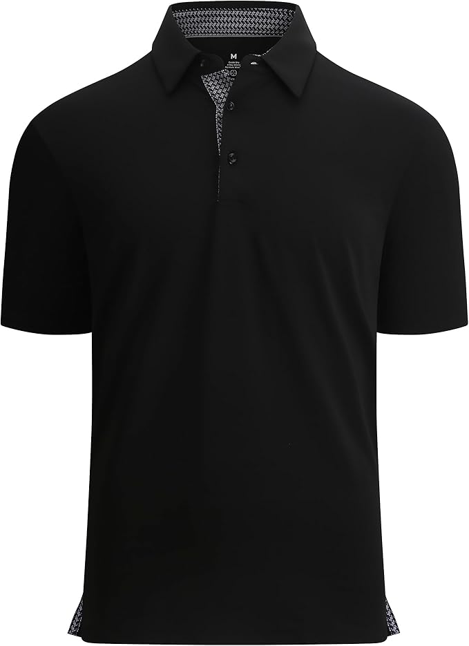 Close up of a men's performance golf polo with moisture-wicking fabric and inner collar trim detail.
