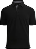 Close up of a men's performance golf polo with moisture-wicking fabric and inner collar trim detail.