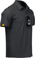 Men wearing a performance tactical golf polo shirt with ring buckle detail and moisture-wicking fabric.