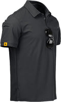Men wearing a performance tactical golf polo shirt with ring buckle detail and moisture-wicking fabric.
