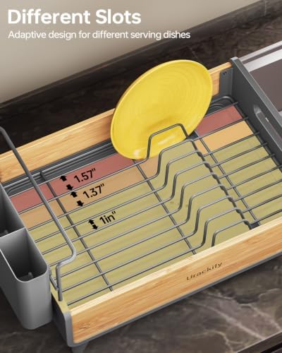 Urackify Modern Dish Rack for Kitchen Counter, Stainless Steel & Bamboo