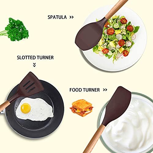MIBOTE Silicone Cooking Kitchen Utensils Set, Wooden Handle