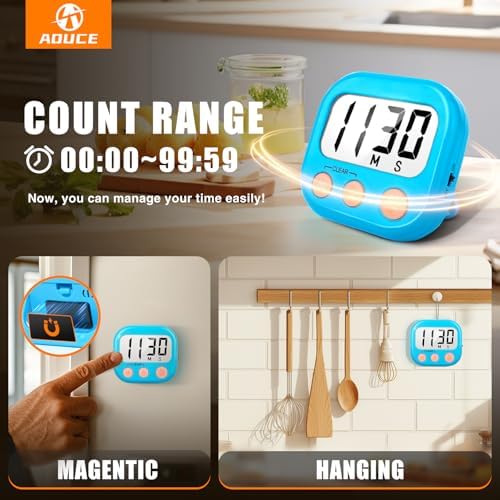 AOUCE Digital Kitchen Timers for Cooking, Timer for Kids 2 Pack Blue