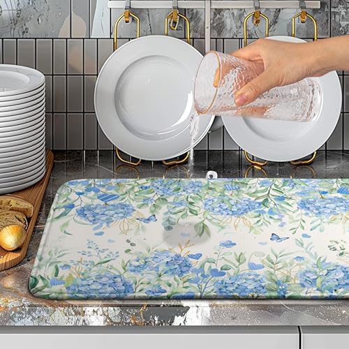 Blue Hydrangea Floral Dish Drying Mat