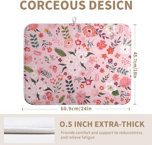 Pink Floral Dish Drying Mat for Kitchen Counter Cute Flower Print Dish Rack