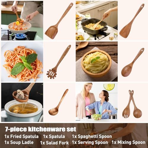 Wooden Spoons for Cooking, WOTTISH 7Pcs Wooden Cooking Utensils, Nonstick