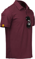 Men wearing a performance tactical golf polo shirt with ring buckle detail and moisture-wicking fabric.