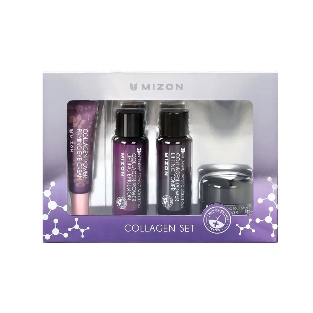 MIZON Marine Collagen 4-piece travel skincare set including toner, emulsion, cream, and eye cream.