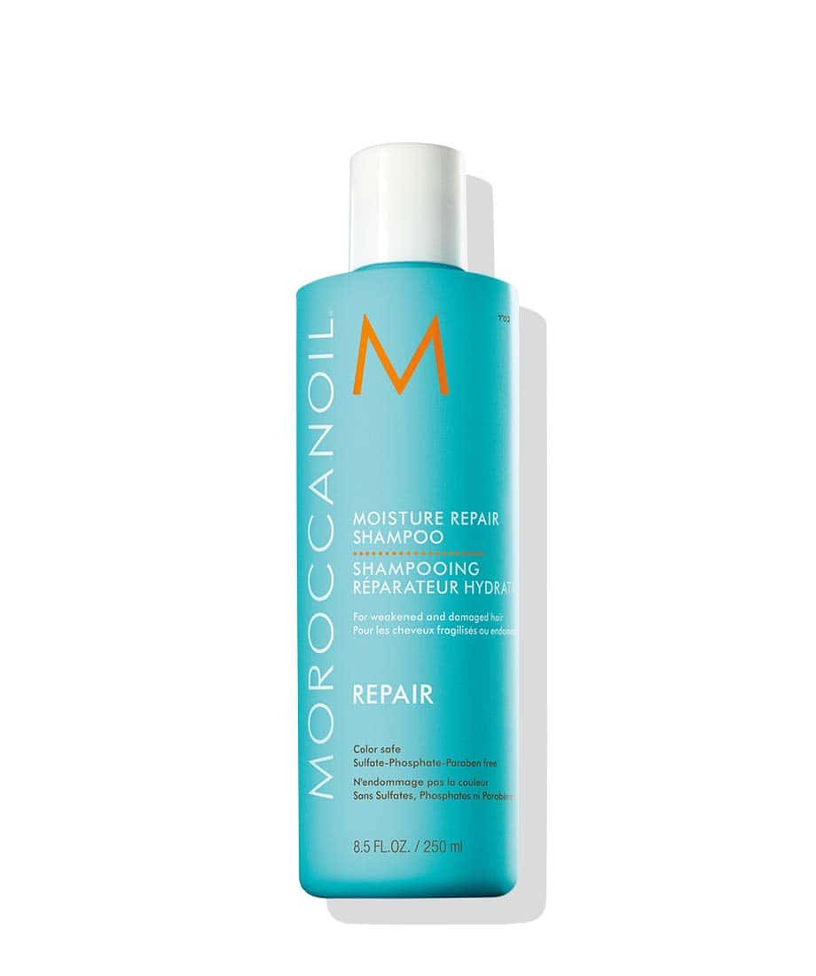 Moroccanoil Moisture Repair Shampoo in signature turquoise and white bottle