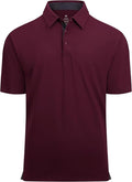 Close up of a men's performance golf polo with moisture-wicking fabric and inner collar trim detail.