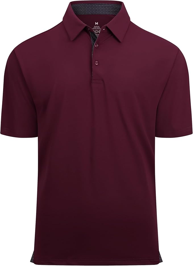 Close up of a men's performance golf polo with moisture-wicking fabric and inner collar trim detail.