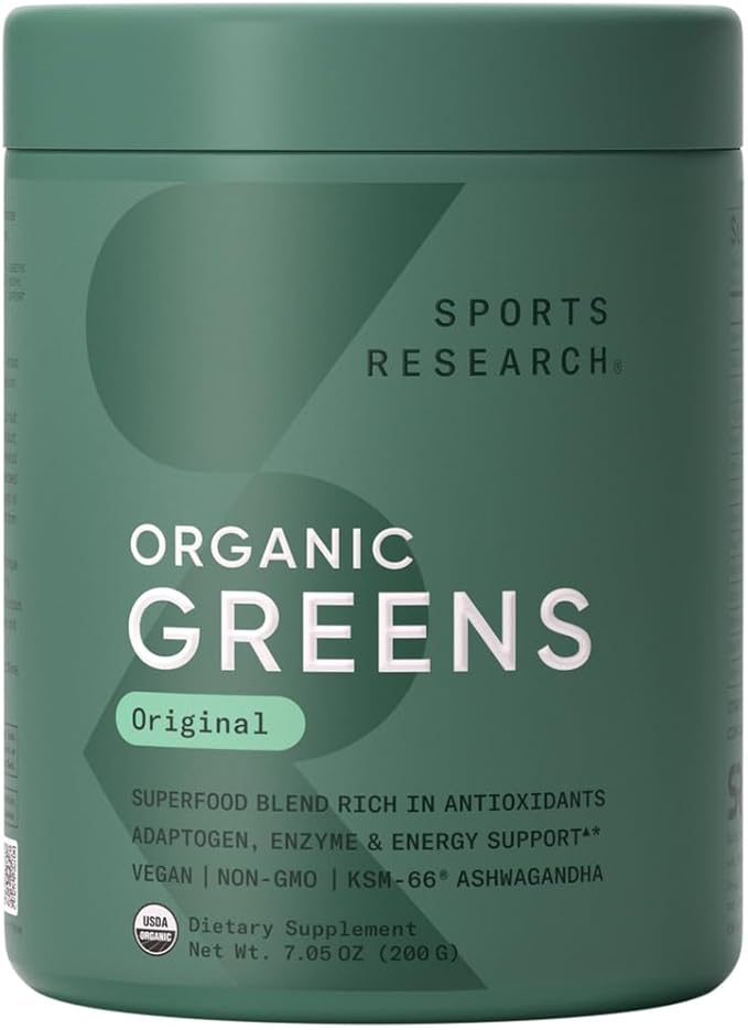 Sports Research® Organic Greens Superfood Powder w/Spirulina & Chlorella, Adaptogens, Enzymes, Probiotics & 8 VIT Bs for Gut & Mood Support* - Vegan, Sugar-Free & Low-Cal Original 20 Servings